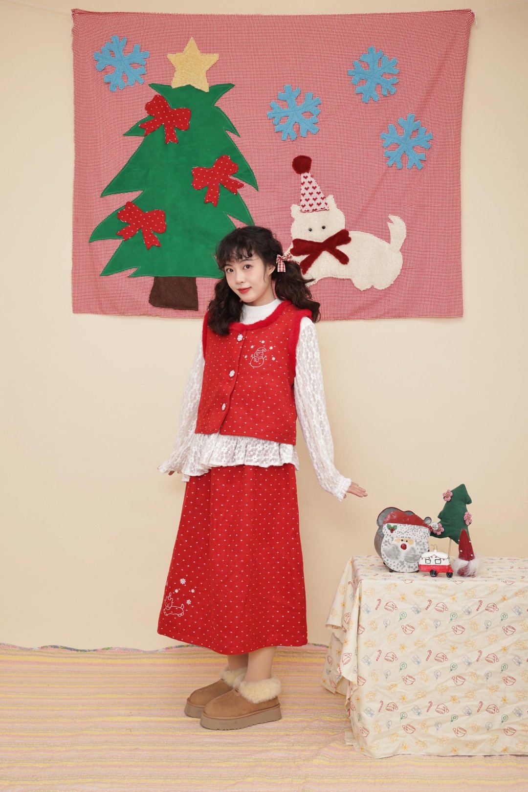 古着少女感 雪花刺绣背心半裙套装 - 女装背心 - 其他材质 红色
