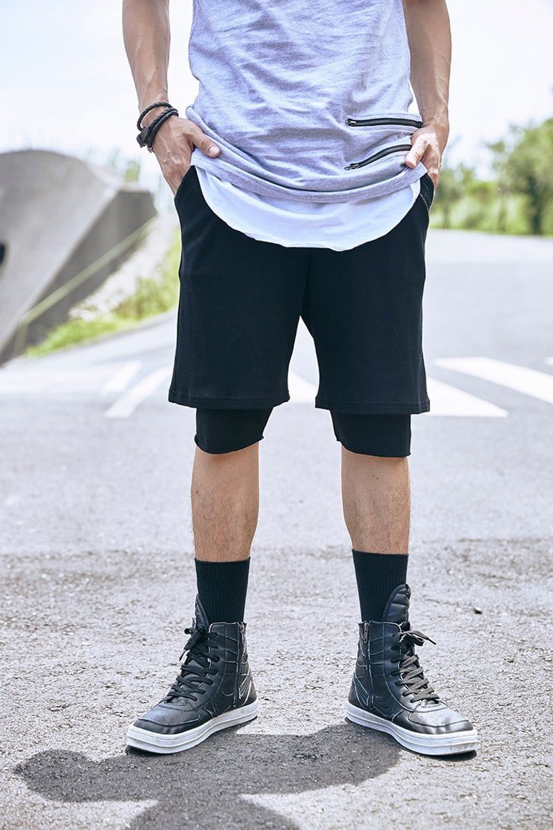 双层网布短裤#9080 - 男士长裤 - 棉．麻 黑色