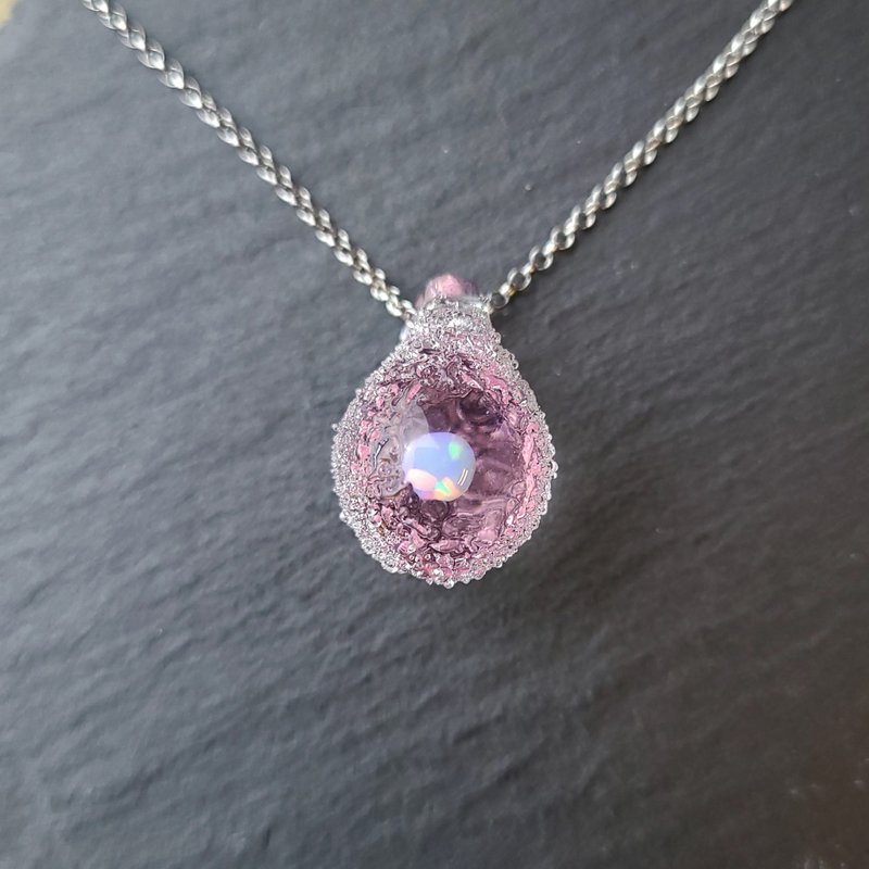 粉红 冰晶 手工 玻璃 纯银项链 - 项链 - 玻璃 粉红色