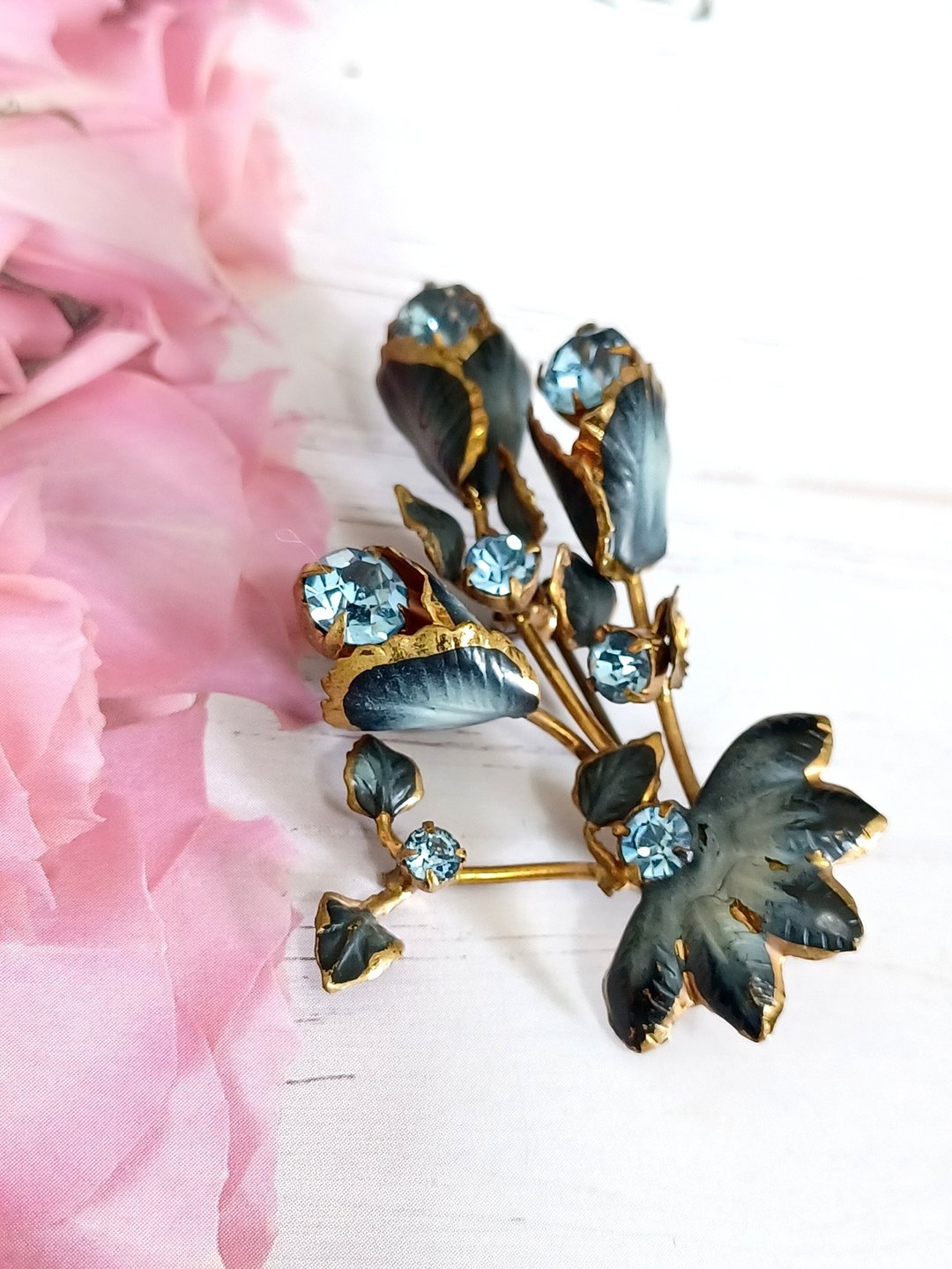 vintage jewelry  古董奥地利墨蓝莱茵花卉 胸针 别针 - 胸针 - 其他金属 