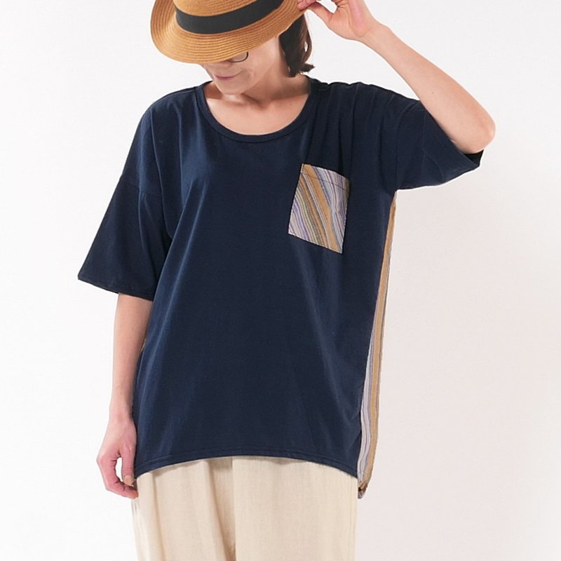 条纹拼接・宽松落肩设计・剪裁上衣・上衣・T恤・海军蓝・d-tp514 - 女装 T 恤 - 棉．麻 蓝色