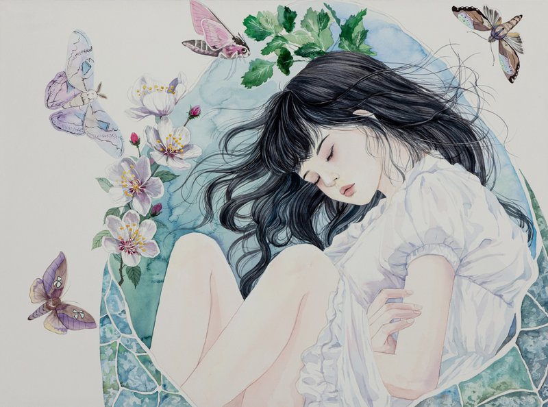 蛾之引-梦鸣/原作水彩艺术画/艺术挂画/精致居家装饰/佛教/心灵 - 海报/装饰画/版画 - 纸 白色