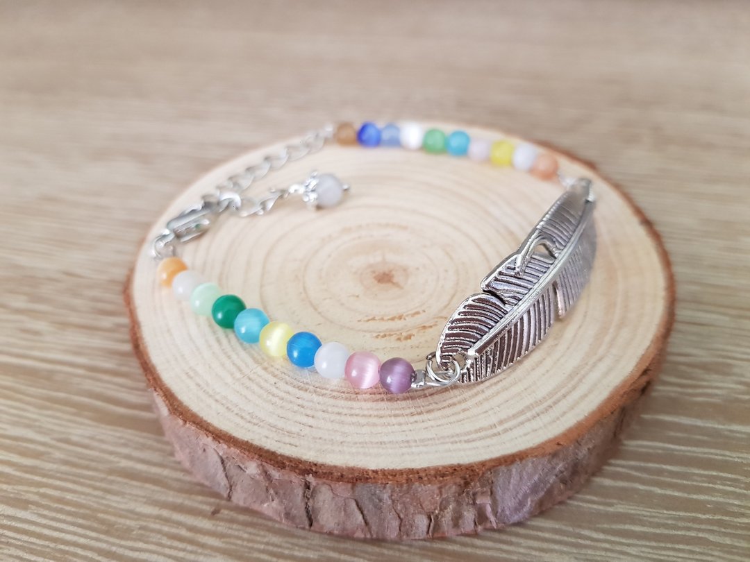 Multi-Coloured Moonstone Antique Silver Feather Charm Bracelet - 手链/手环 - 宝石 