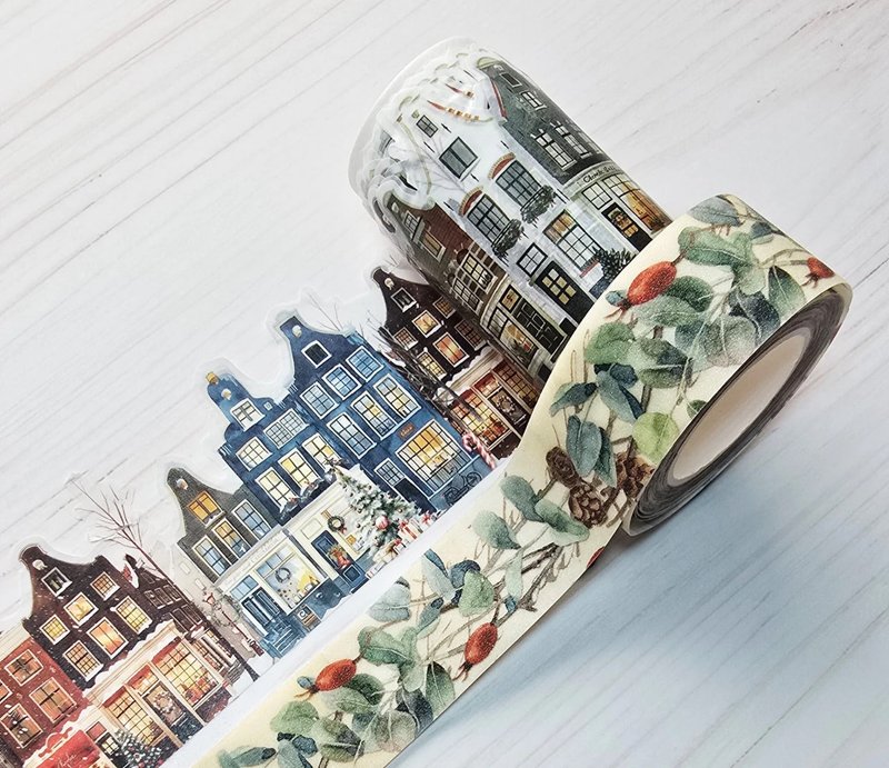 Vintage Christmas village laser cut and glitter washi tapes - 纸胶带 - 纸 多色