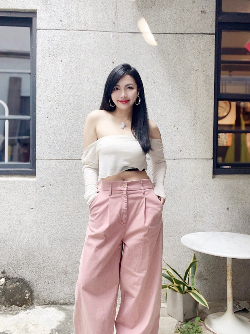 浪漫浅粉色少女A字挺版版型 古着中高腰棉质宽裤长裤 vintage - 女装长裤 - 棉．麻 粉红色