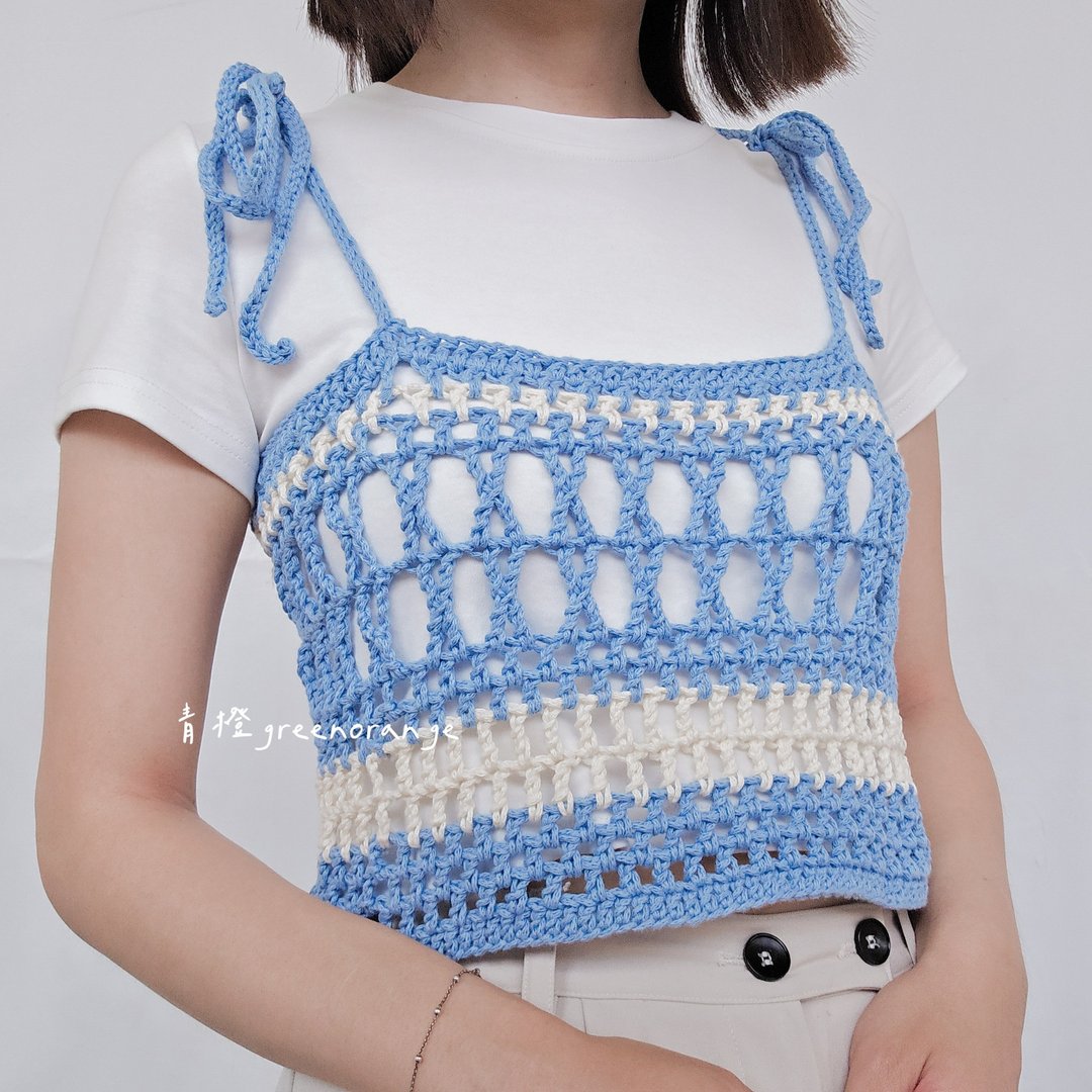 【海盐蓝】手工钩织吊带背心 - 女装背心 - 棉 蓝色