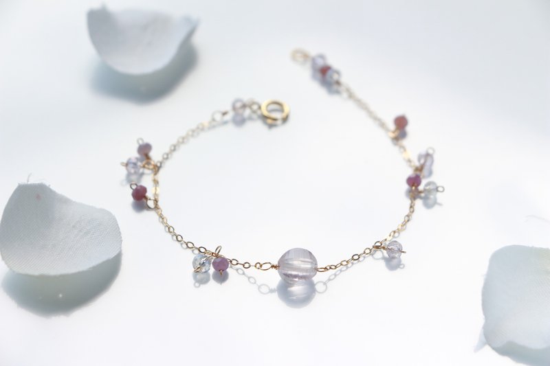 Rose quartz and ruby bracelet-14kgf - 手链/手环 - 宝石 粉红色