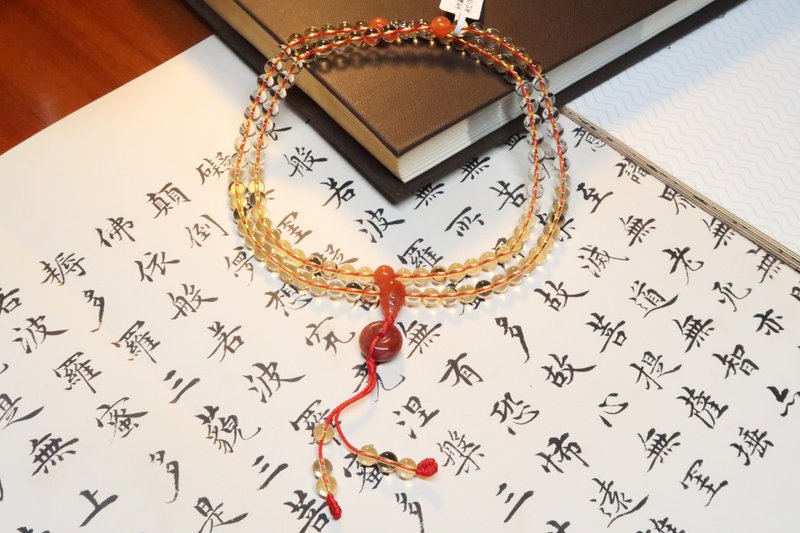 6.4mm 天然黄水晶佛珠108 南红配珠 南红玛瑙平安扣 - 其他 - 宝石 黄色