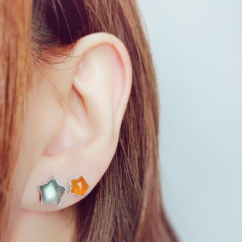 钜星拉长石电镀18K金纯银耳环 - 耳环/耳夹 - 半宝石 卡其色