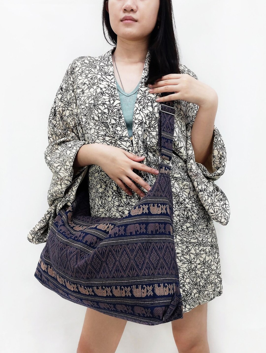 Thai Cotton Bag Women bag Shoulder bag Cross Body Bag Elephant Bag Navy Blue - 其他 - 棉 蓝色