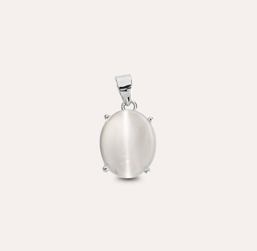 安珠 月光石 猫眼 白色 椭圆 蛋面 9*11mm 坠子 经典系列 Oval P - 项链 - 银 白色