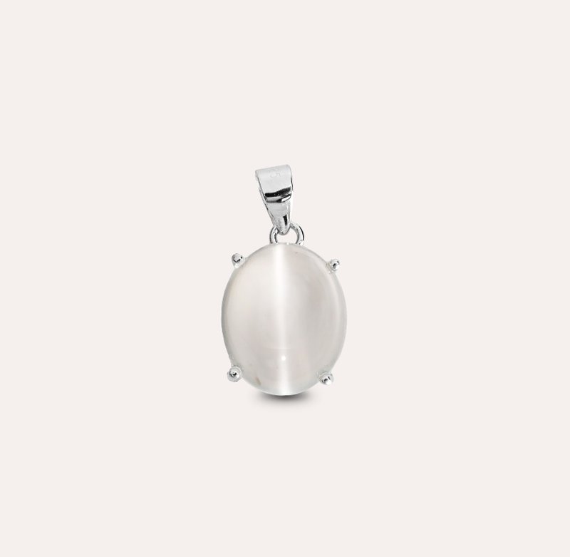 安珠 月光石 猫眼 白色 椭圆 蛋面 9*11mm 坠子 经典系列 Oval P - 项链 - 银 白色