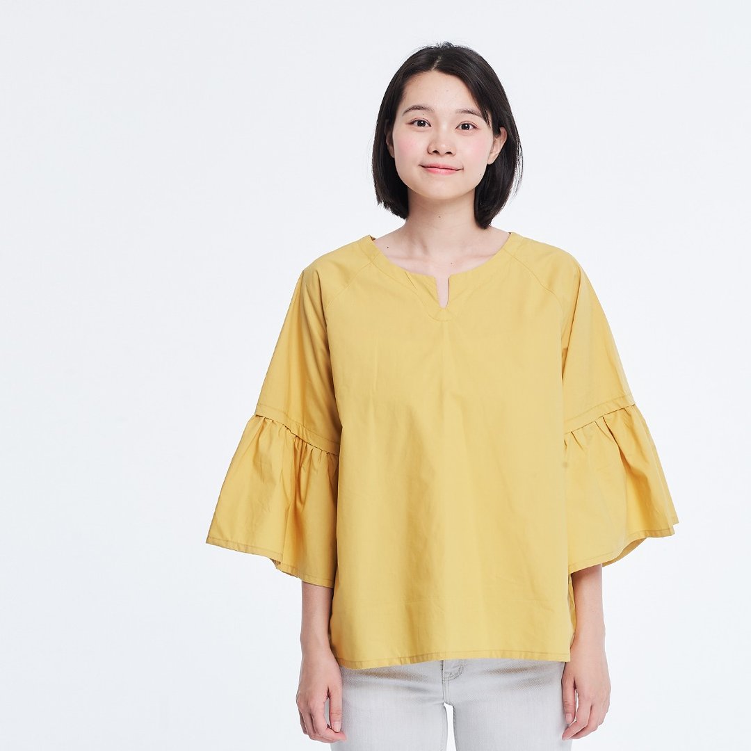 Elsa V型缺口領喇叭袖上衣/檸檬黃 - 女装上衣 - 棉 黄色
