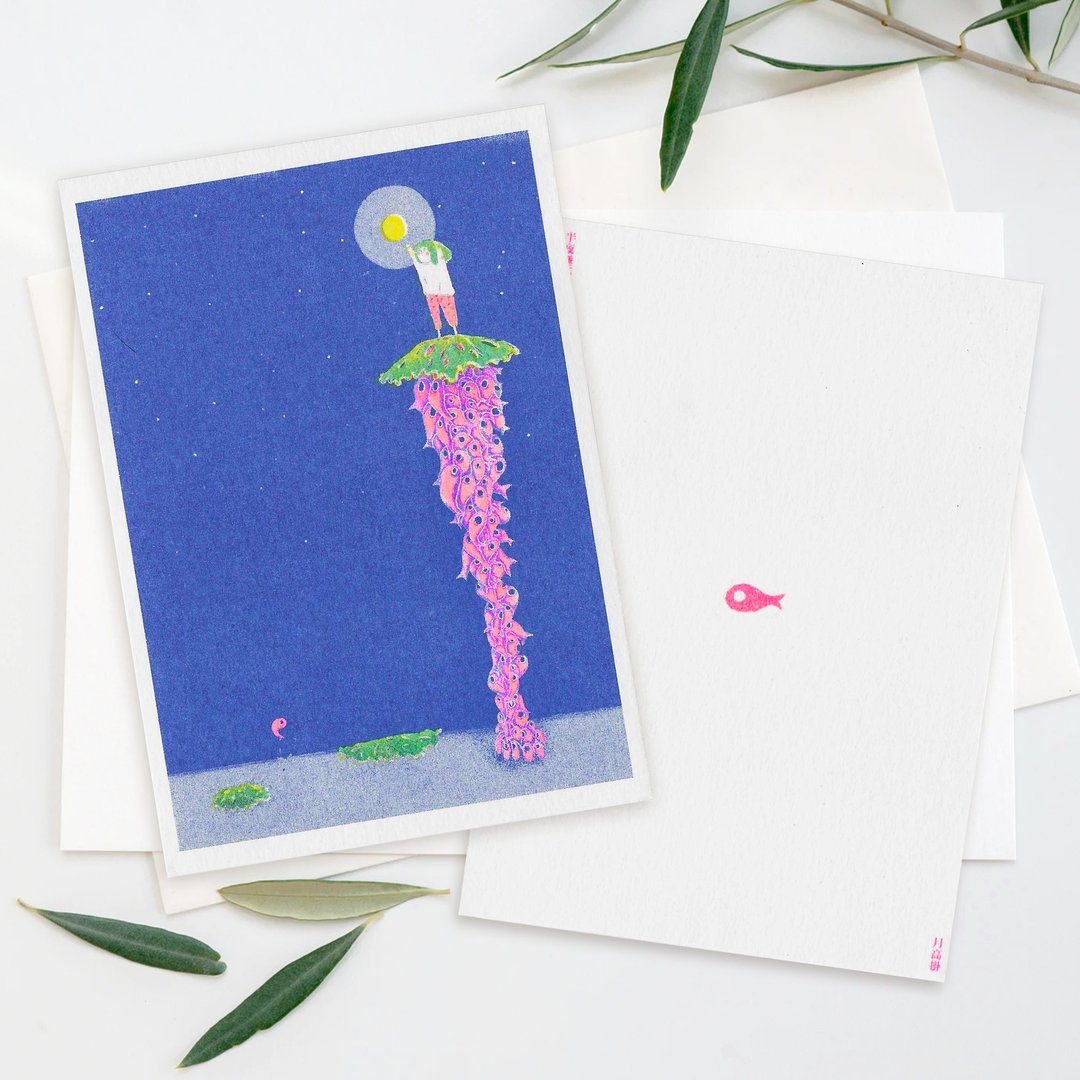 【明信片/万用卡】自游系列_月高挂(数位孔版Risograph) - 卡片/明信片 - 纸 蓝色