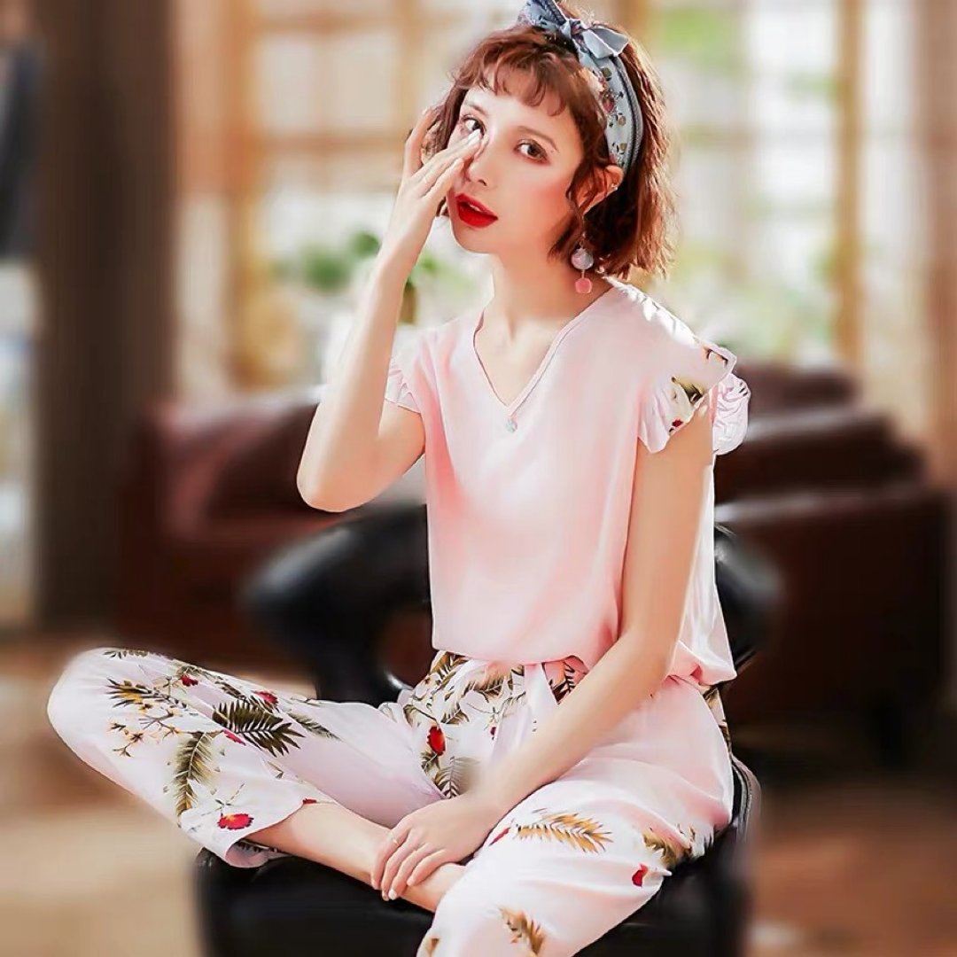 。莫兰迪物语。微露性感复古荷叶领二件式睡衣丝绸开衫家居服 - 居家服/睡衣 - 丝．绢 