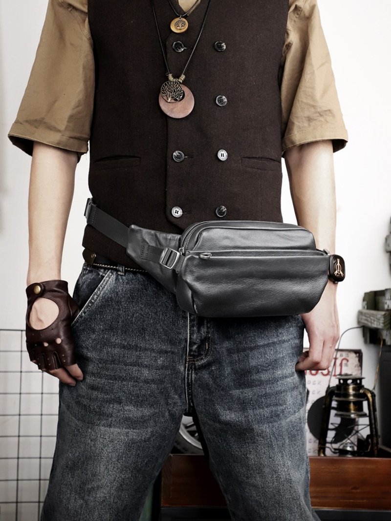 真皮胸背包/腰包 头层牛皮斜肩包 机车风单肩包 - 侧背包/斜挎包 - 真皮 黑色