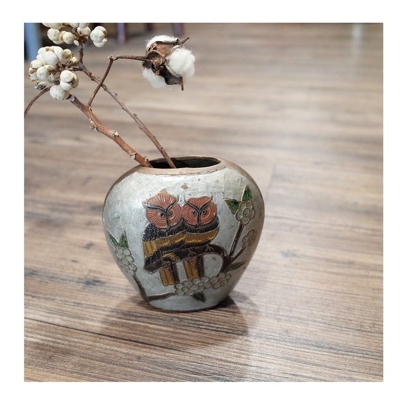 收藏自西班牙.铜制双面珐琅釉猫头鹰花器.花瓶.摆件.厚重有质感 - 花瓶/陶器 - 其他金属 
