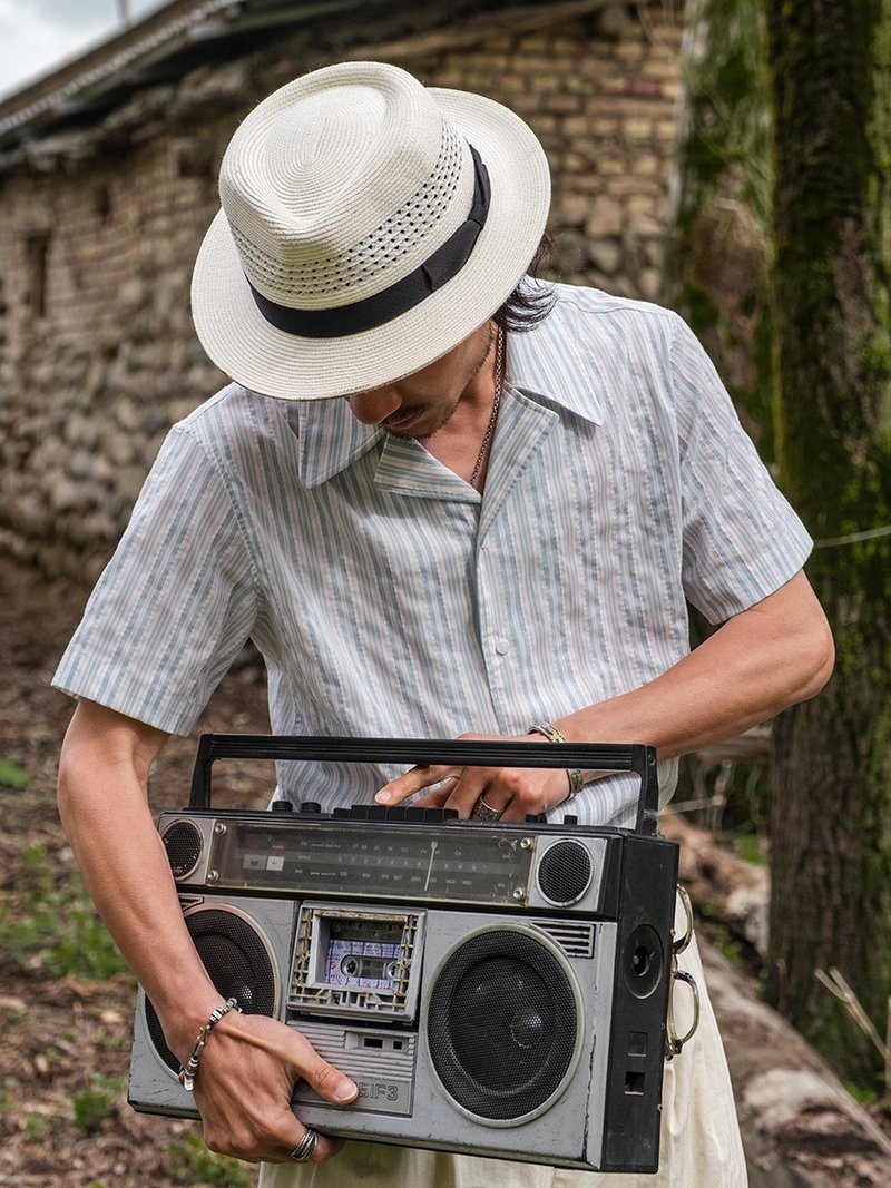 SOARIN英伦复古丝质古巴领条纹衬衫(2421C261) - 男装衬衫 - 棉．麻 蓝色