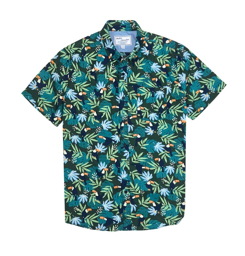 Men's Toucans Print Shirt 男装大嘴鸟衬衫 - 深绿色 - 男装衬衫 - 棉．麻 绿色