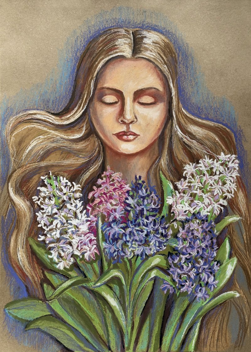 肖像女孩 gihyacinths 花束油画棒画喘息春天的花束 - 墙贴/壁贴 - 纸 紫色