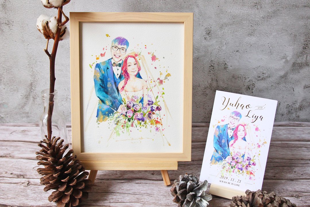 定制喜帖设计 【含印刷信封贴纸】 | 啾吉水彩婚礼人像画结婚礼物 - 喜帖 - 纸 粉红色