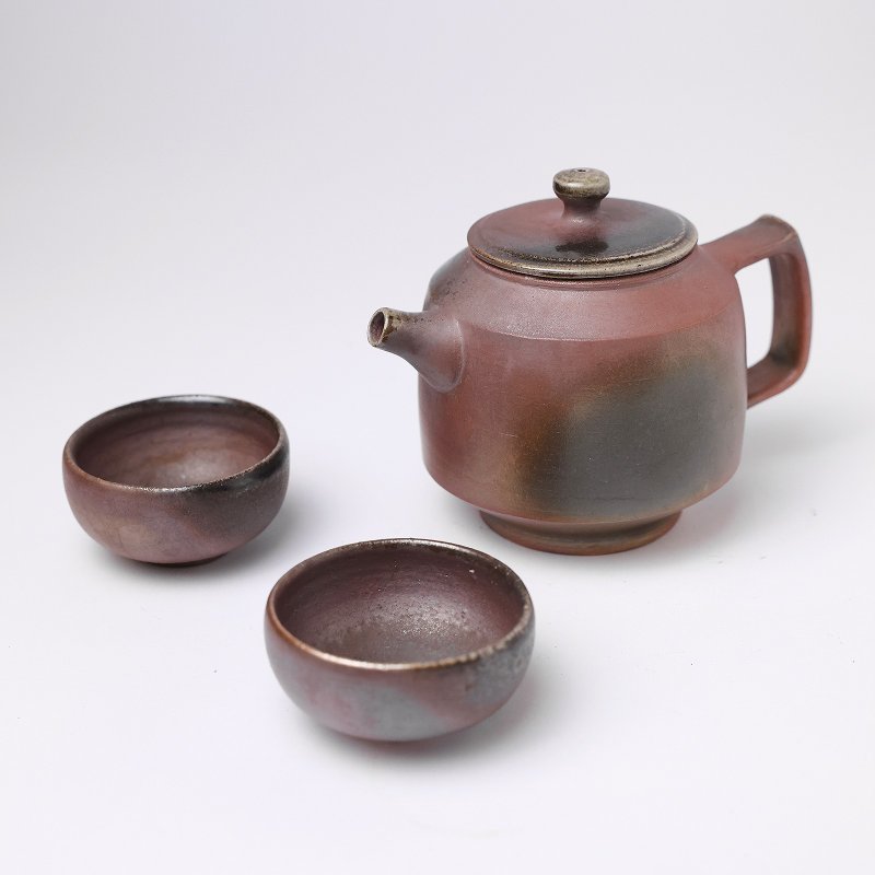 明芽窑 | 柴烧紫金后手壶 紫红 金 一壶两杯 搜藏 茶壶 茶杯 H11 - 茶具/茶杯 - 陶 红色