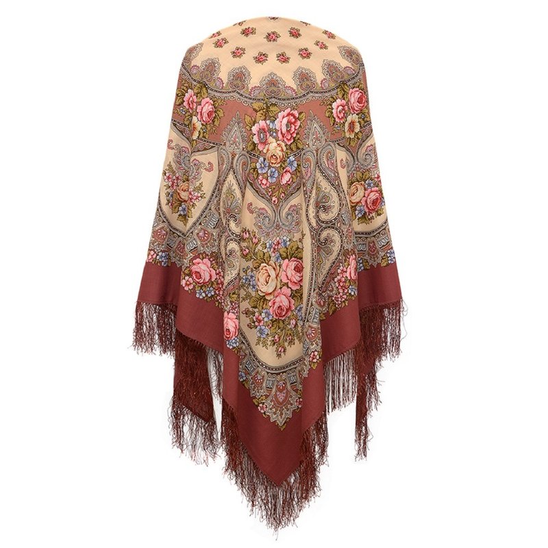 Pavlovo Posad 俄罗斯披肩 100% 羊毛围巾 146x146 厘米 丝绸流苏 1121-16 - 丝巾 - 羊毛 咖啡色