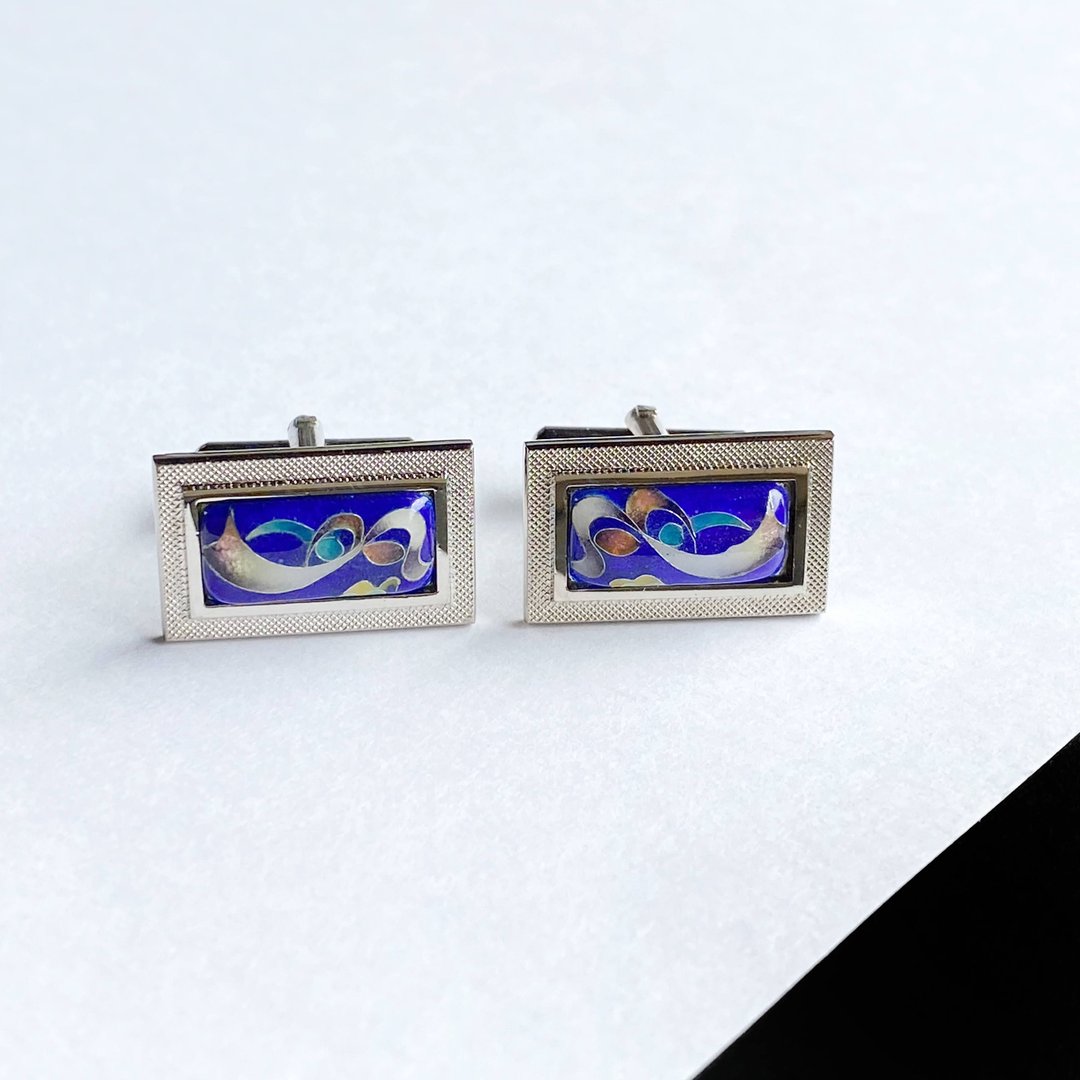 Tiny Ribbon [Sapphire Sapphire] Cloisonne Cufflinks Cufflinks Pure Silver Cloisonne - 袖扣 - 其他材质 蓝色