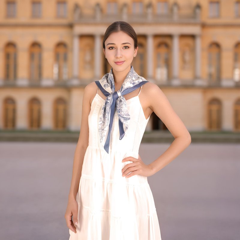 凡尔赛茹伊灰蓝色 大方巾丝巾90厘米 Jardin Des Fontaines - 丝巾 - 聚酯纤维 蓝色