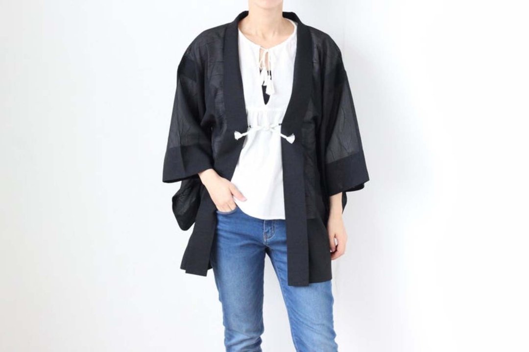summer kimono, EXCELLENT VINTAGE, open front jacket, Japanese haori /3895 - 女装休闲/机能外套 - 聚酯纤维 黑色
