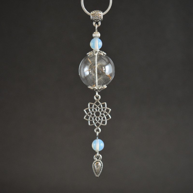 蒲公英项链 真正的蒲公英在玻璃球与蛋白石吊坠项链 - 项链 - 玻璃 透明