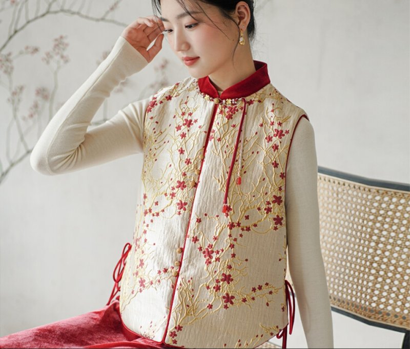 祥瑞 新中式復古中國風 提花外搭上衣背心 - 女装背心 - 聚酯纤维 金色