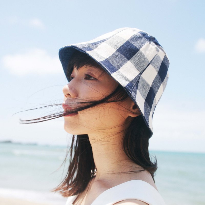 双面帽子 _ 日系棉麻蓝格子 - 帽子 - 棉．麻 蓝色