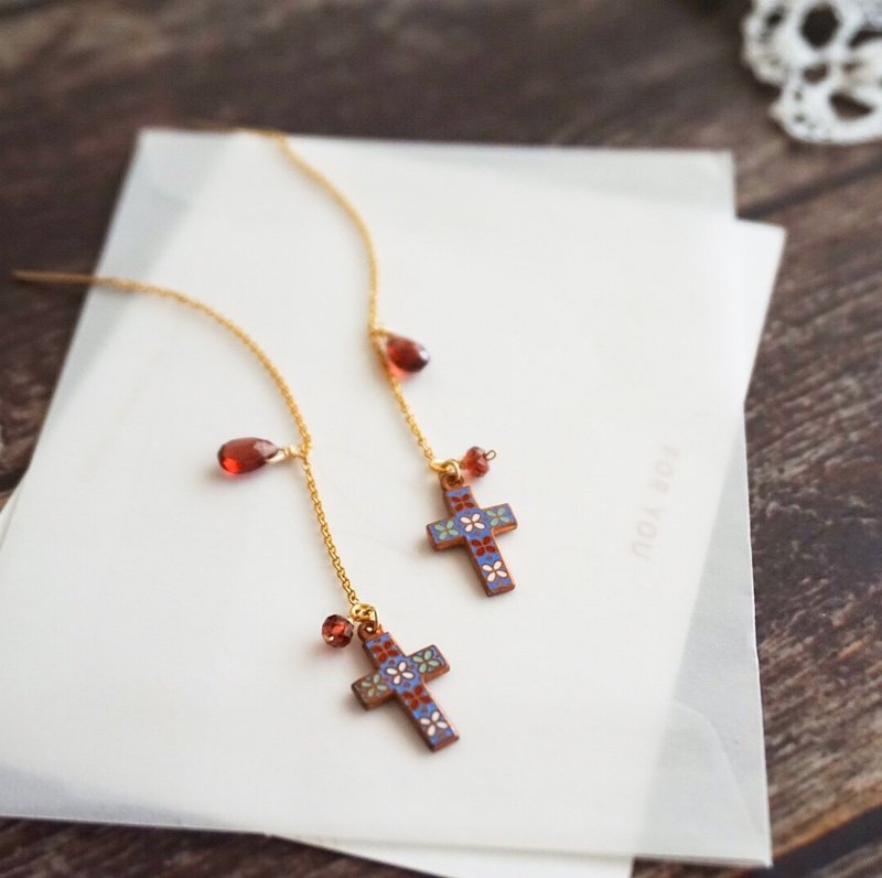 西西里风石榴石古董珐琅十字架手工耳线 - 耳环/耳夹 - 半宝石 