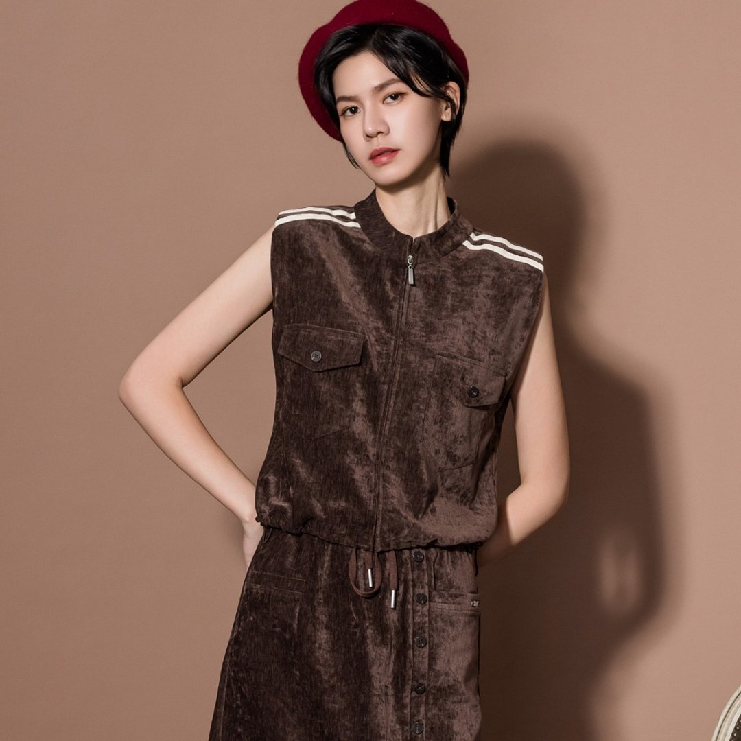 【MEDUSA】棕色绒布运动休闲无袖背心外套(M-XL) | 女运动风外套 - 女装休闲/机能外套 - 聚酯纤维 咖啡色