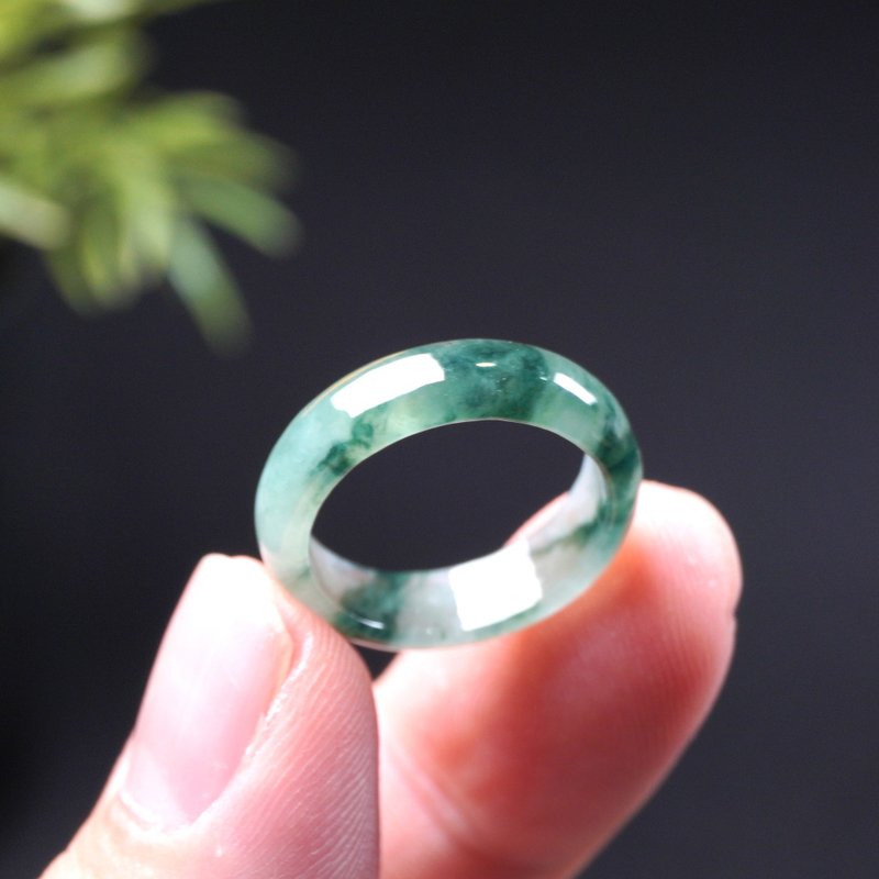 冰飘绿花戒指戒圈 | 国际14围 | 天然缅甸玉翡翠A货 | 送礼 - 戒指 - 玉石 绿色