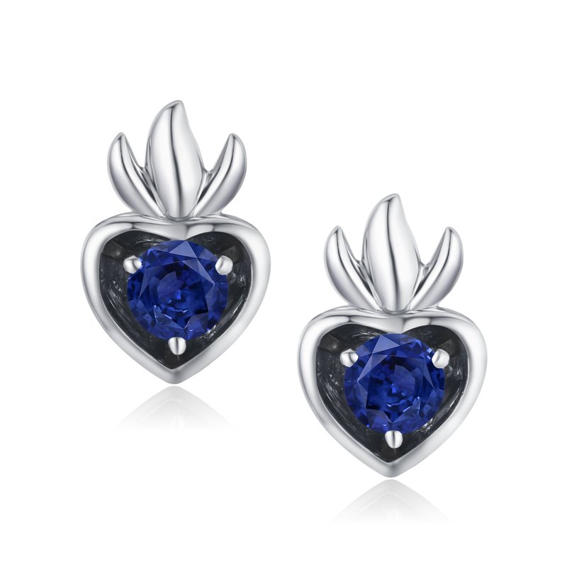 蓝宝石心形耳环-简约立体14k白金耳钉-叠戴穿孔耳环-9月生日石 - 耳环/耳夹 - 贵金属 蓝色