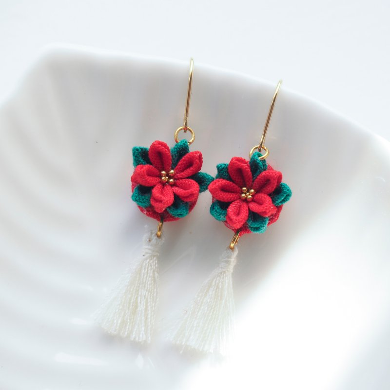 经典红绿白金圣诞花定制耳环耳夹 14kgf 925 つまみ细工 - 耳环/耳夹 - 棉．麻 红色