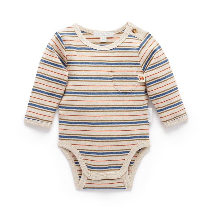 澳洲Purebaby有机棉婴儿包屁衣/新生儿 连身衣 橘蓝褐条纹 - 包屁衣/连体衣 - 棉．麻 