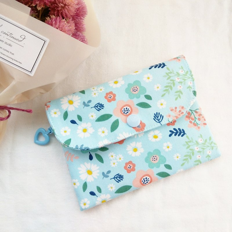 小花园-蓝。拉链双层零钱包 - 零钱包 - 棉．麻 蓝色