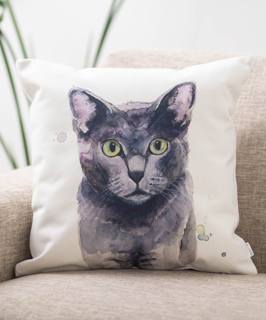 Jubilee超人气款 亚麻布抱枕套 宠物图案 灰毛猫 45×45cm - 枕头/抱枕 - 棉 多色