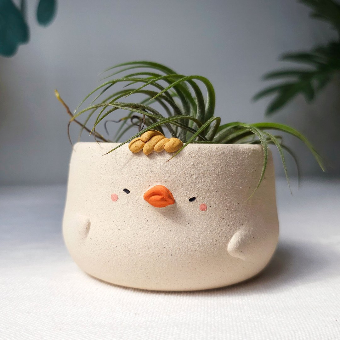 White ducky plant pot. Handmade planter with drainage hole. - 植栽/盆栽 - 陶 
