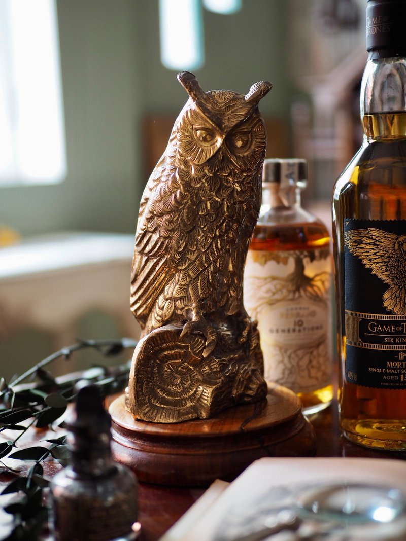 英国古董黄铜猫头鹰像 中型 有木底座 - 摆饰 - 铜/黄铜 