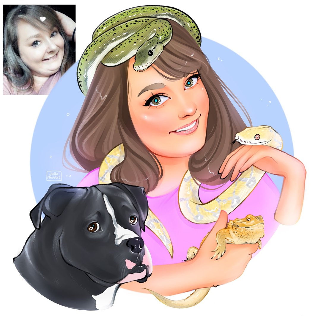 Portrait with pets, Custom pet portrait, Cartoon art, Portrait from photo - 订制画像 - 其他材质 多色