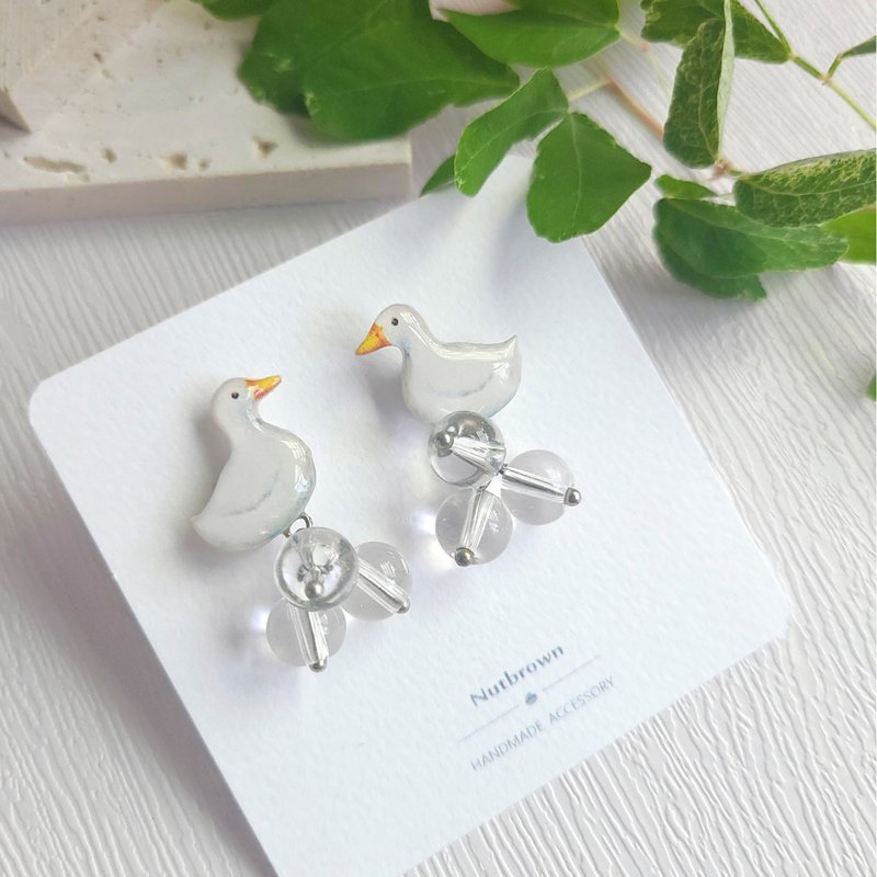 【动物们 No.034】柯尔鸭 小白鸭 玻璃珠 耳环/耳夹 - 耳环/耳夹 - 树脂 白色