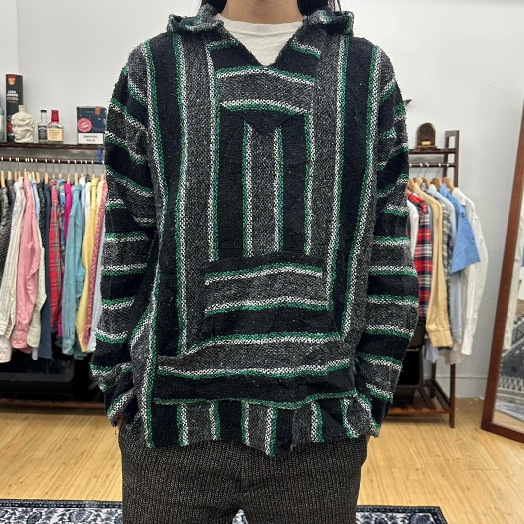 baja hoodie 墨西哥帽tee 直条纹 墨西哥制 古着 二手 灰色 绿色 - 中性连帽卫衣/T 恤 - 棉 绿色