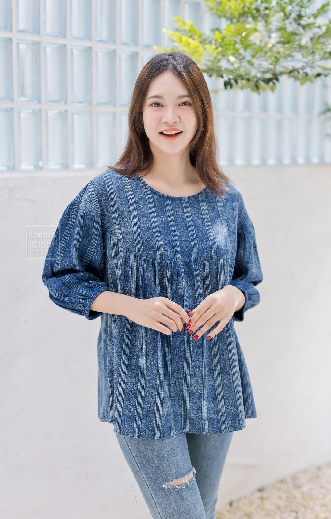 石材图案颜色布料有非常漂亮的图案 多臂棉质服装 荷叶边款式 - 女装上衣 - 棉 