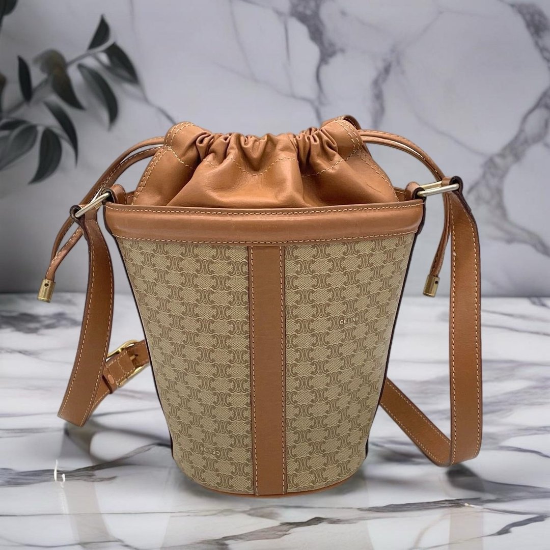 绝版稀有品中古二手CELINE老花皮革单肩抽绳水桶小包侧背孭手袋 - 侧背包/斜挎包 - 真皮 卡其色