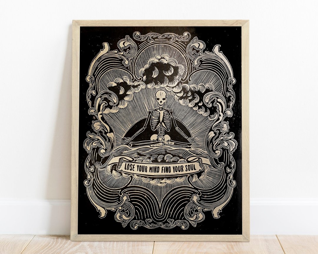 Linocut 印刷失去你的思想找到你的灵魂骨架艺术品哥德式艺术海报 - 海报/装饰画/版画 - 纸 黑色