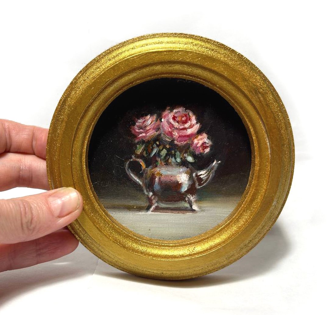 裱框花卉油画维多利亚风格圆形金色礼品小幅原创油画古董 - 墙贴/壁贴 - 其他材质 粉红色